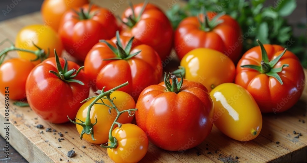 Fresh red and yellow tomatoes on wooden board Fresh red and yellow tomatoes on wooden board