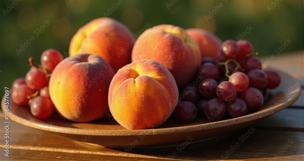 Fresh peaches and grapes on a platter Fresh peaches and grapes on a platter