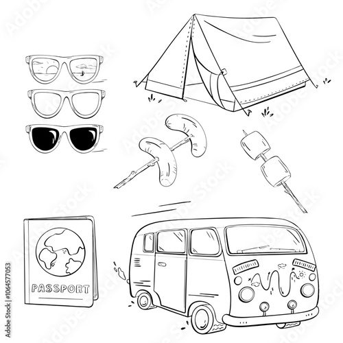 Essential Camping Gear and Travel Iconography for Outdoor Adventure Enthusiasts Everywhere. Vector sketch illustration. Tourism