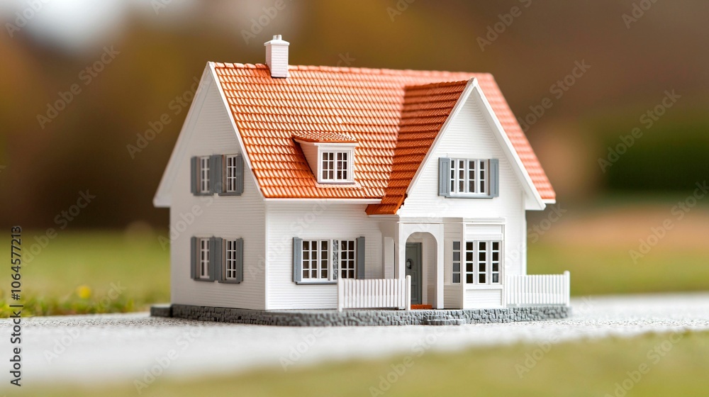 A miniature model of a charming house with a red-tiled roof, white walls, and detailed windows, set against a softly blurred natural background. A miniature model of a charming house with a red-tiled roof, white walls, and detailed windows, set against a softly blurred natural background.