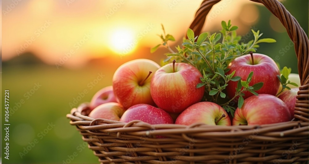 Basket of fresh apples at sunset Basket of fresh apples at sunset