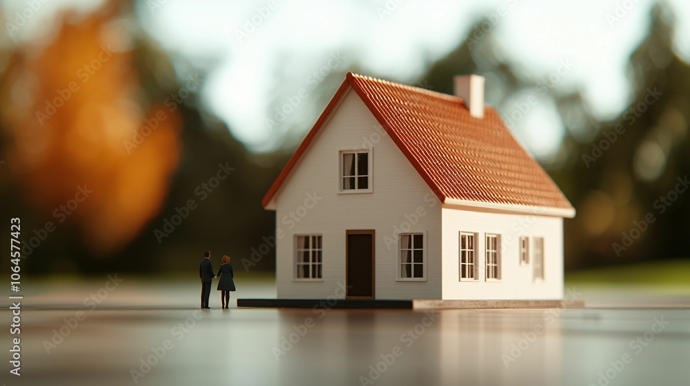 A miniature house model with two figures nearby, set against a blurred natural background, symbolizing home and family. A miniature house model with two figures nearby, set against a blurred natural background, symbolizing home and family.