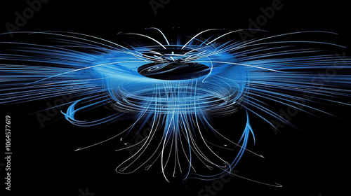 Scientific Visualization of Magnetic Field with Glowing Lines and Arrows Representing Force Flow Around Central Object, Set Against Dark Space Background with Subtle Light Streaks, Emphasizing Abstrac