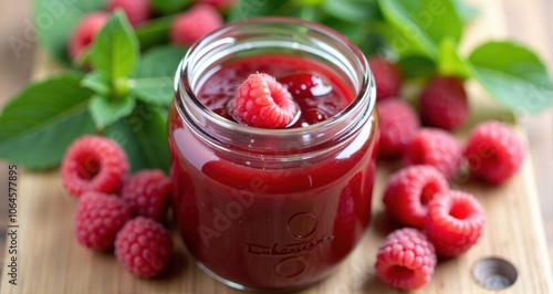 Vibrant raspberry jam in a jar