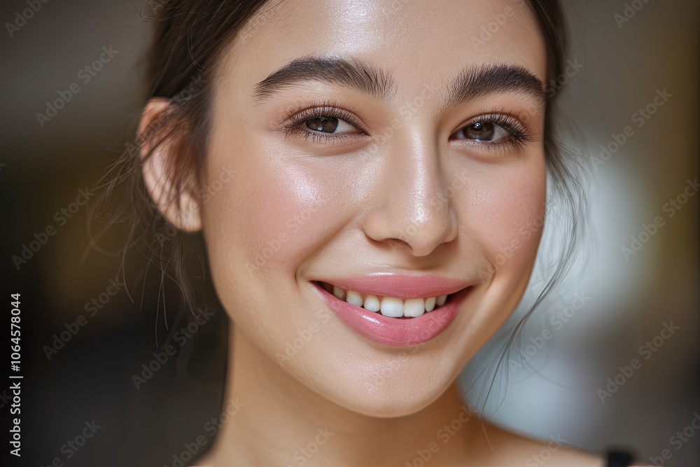 Young woman with visibly plumped lips smiling gently Young woman with visibly plumped lips smiling gently