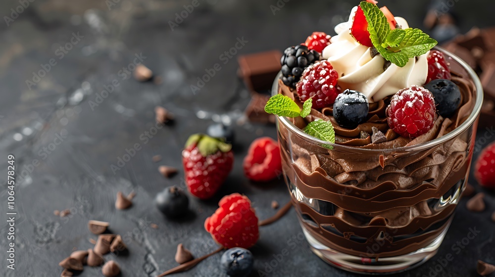 Glass of chocolate mousse with whipped cream and berries on top Glass of chocolate mousse with whipped cream and berries on top