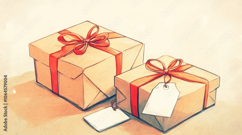 Fototapeta premium Watercolor Collection of gifts,Gift boxes with bows and pine branches,Greeting card,Christmas Gift design isolated on white backdrop,Happy Holidays,Atmospheric christmas eve,space for text.