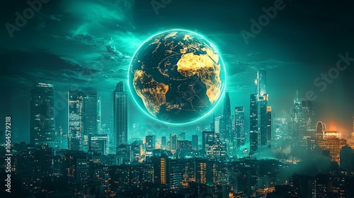 Glowing Globe Above Futuristic Cityscape at Night