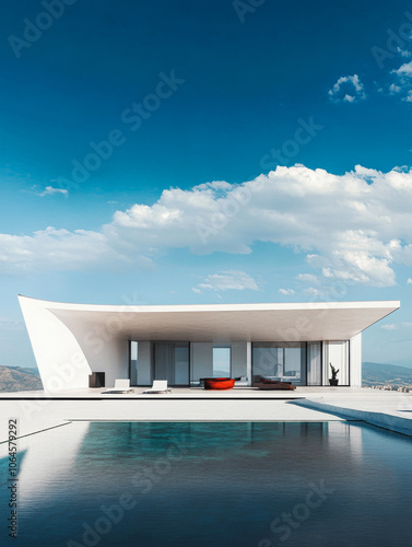 Modern architectural masterpiece overlooking a serene pool under a blue sky in a coastal location