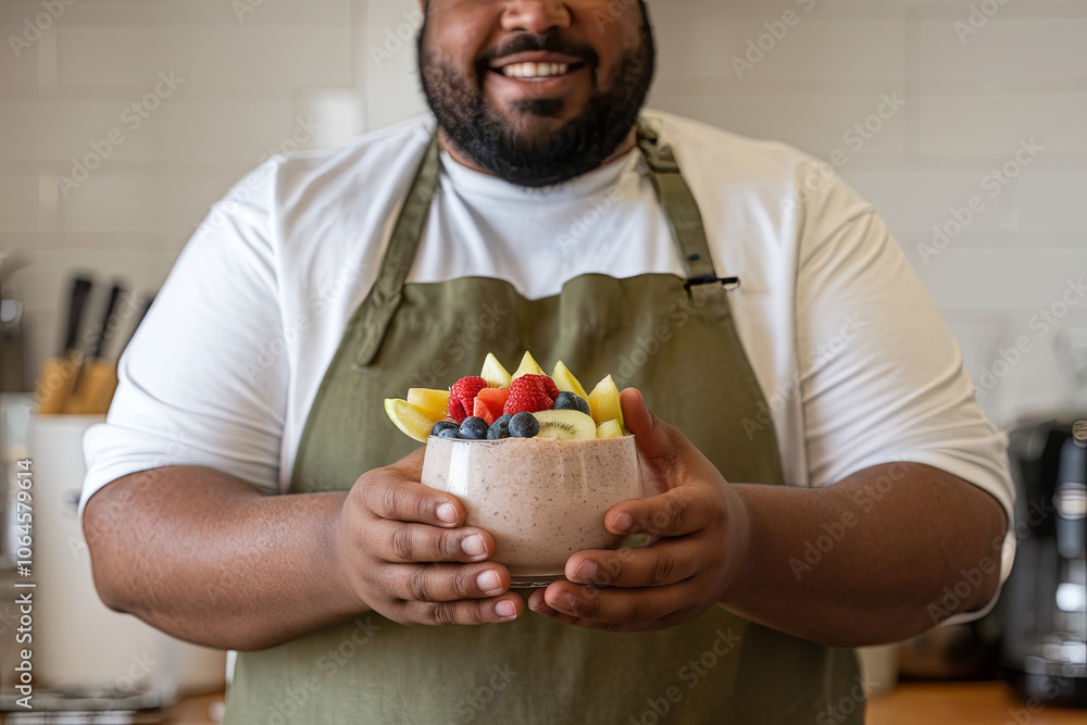 Smiling plus-size man holding a smoothie bowl with fresh fruit Smiling plus-size man holding a smoothie bowl with fresh fruit