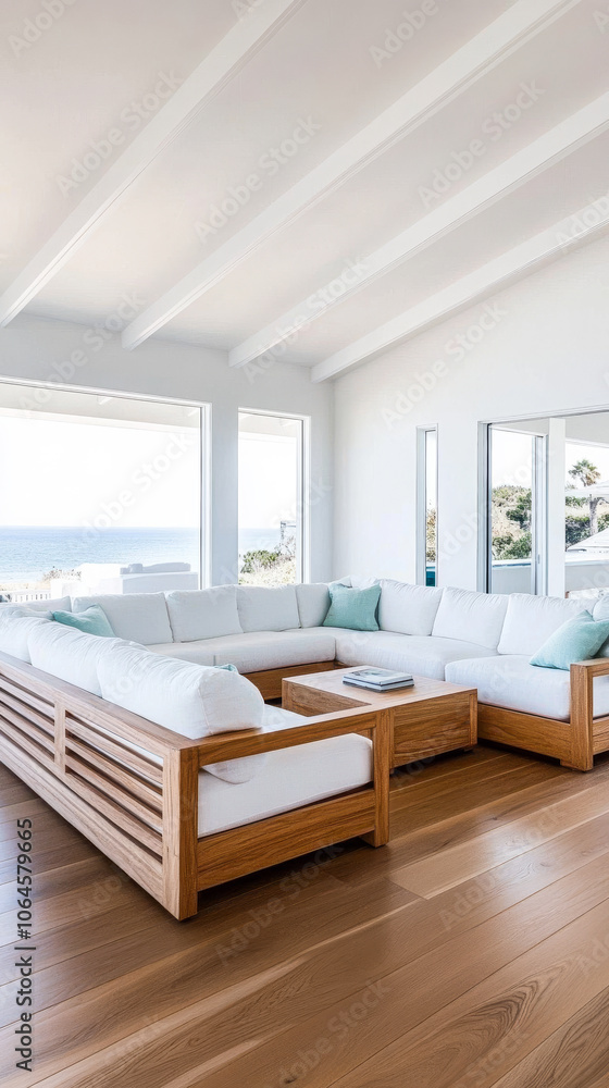 Cozy modern living room with ocean view featuring a sectional sofa and wooden accents Cozy modern living room with ocean view featuring a sectional sofa and wooden accents