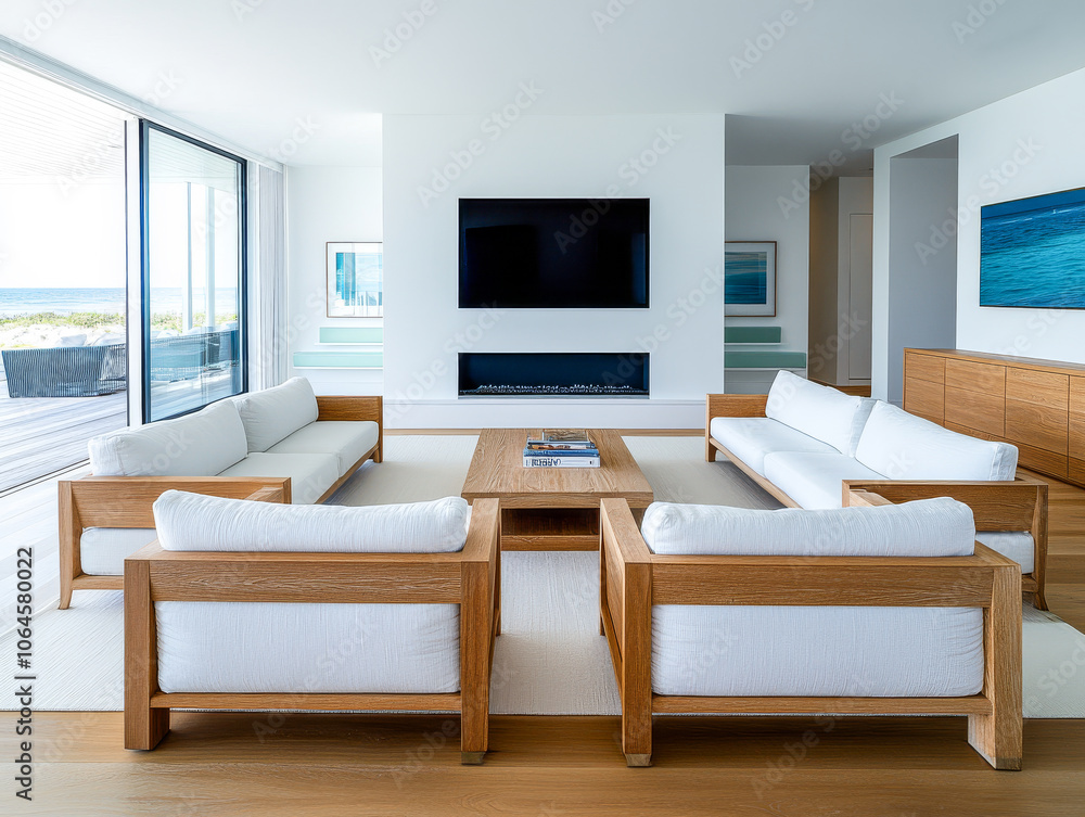 Fototapeta premium Modern coastal living room with expansive views and natural light in a beachside home