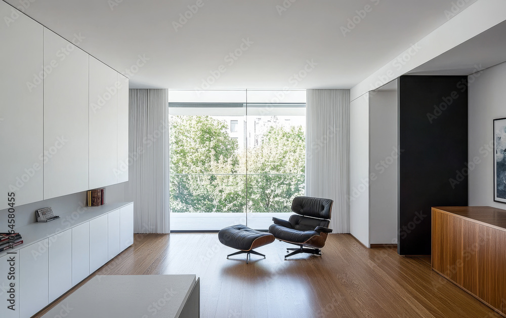 Fototapeta premium Spacious modern living room featuring large windows and minimalist furniture in a contemporary home