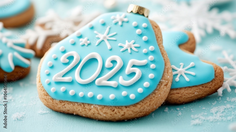 Blue decorated cookies shaped like ornaments for 2025. Blue decorated cookies shaped like ornaments for 2025.