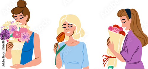 scent smelling flower woman vector. bouquet essence, petals bloom, garden nature scent smelling flower woman character. people flat cartoon illustration