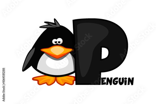 Cartoon Penguin and letter P, card for education. Animal start with letter P. Animal alphabet card. Learning letter P card. Kids education