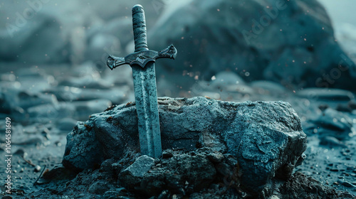 Sword stuck in a rock like in the Excalibur Legend, the mythical sword of king arthur