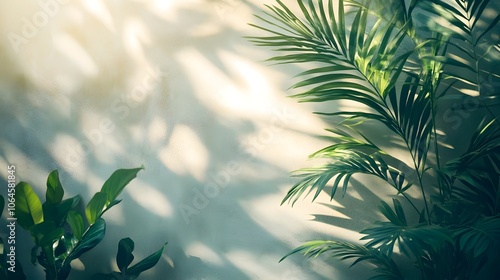 Lush Tropical Leaf Shadows Dancing on Bright White Wall Background photo