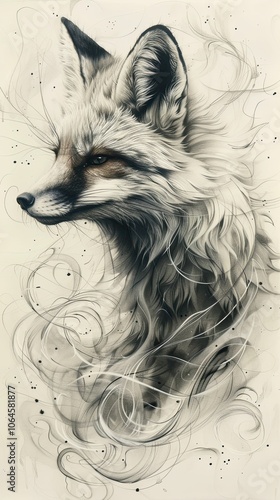 Detailed illustration of a fox with artistic swirls and delicate linework, bleeding nature and imagination in black and white tones. Captures elegance, beauty, and the mysterious charm of wildlife