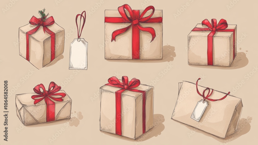 Watercolor Collection of gifts,Gift boxes with bows and pine branches,Greeting card,Christmas Gift design isolated on white backdrop,Happy Holidays,Atmospheric christmas eve,space for text. Watercolor Collection of gifts,Gift boxes with bows and pine branches,Greeting card,Christmas Gift design isolated on white backdrop,Happy Holidays,Atmospheric christmas eve,space for text.