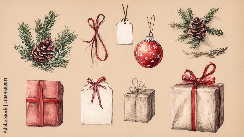 Watercolor Collection of gifts,Gift boxes with bows and pine branches,Greeting card,Christmas Gift design isolated on white backdrop,Happy Holidays,Atmospheric christmas eve,space for text. Watercolor Collection of gifts,Gift boxes with bows and pine branches,Greeting card,Christmas Gift design isolated on white backdrop,Happy Holidays,Atmospheric christmas eve,space for text.