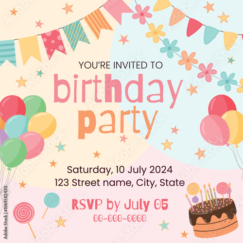 Colorful Vector Birthday Party Invitation. Festive Template with Balloons, Cake, Candles for Cards, Posters and Banners