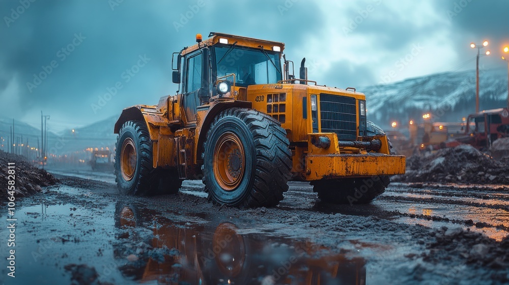 A yellow tractor drives through a muddy construction site with a dramatic sky in the background.