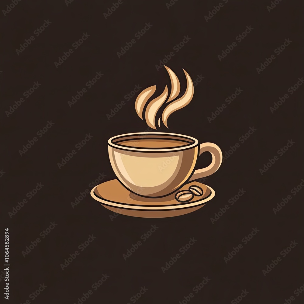 A steaming cup of coffee with a saucer and coffee beans A steaming cup of coffee with a saucer and coffee beans