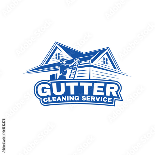 Illustration of a professional cleaning debris from a house gutter. Ideal for advertising gutter maintenance services. Emphasizes home care, cleanliness, and professional assistance. GUTTER LOGO