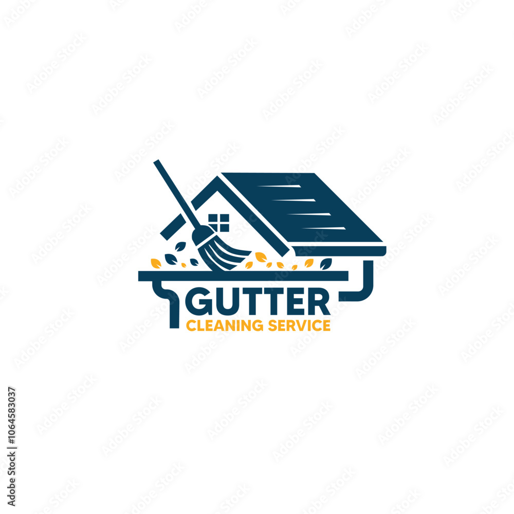 Simple and effective logo design for a gutter cleaning service, showcasing a house roof and broom icon. Ideal for companies offering professional cleaning and maintenance services.