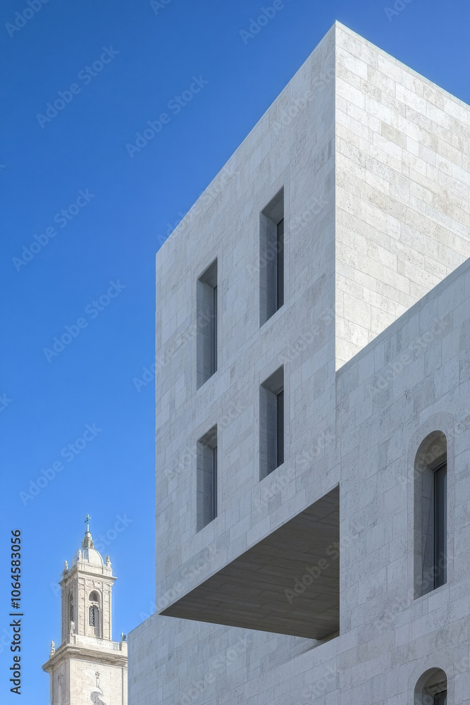 Modern architectural contrast against a historic tower in a clear blue sky during daytime Modern architectural contrast against a historic tower in a clear blue sky during daytime