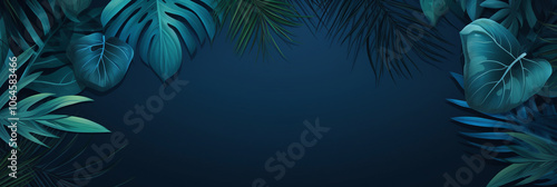 Tropical leaves foliage in blue color on blue background