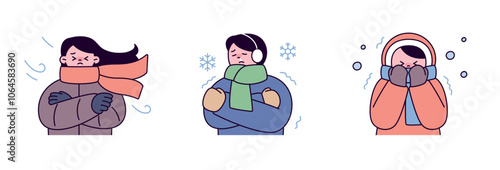 People wearing winter clothes are shivering in the cold.