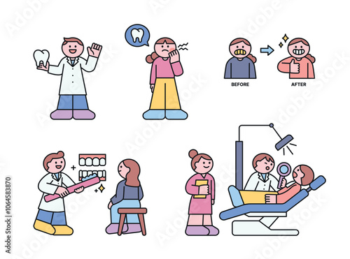 Various treatments performed at the dentist. Doctors and patients. Cuttiny outline character illustration.