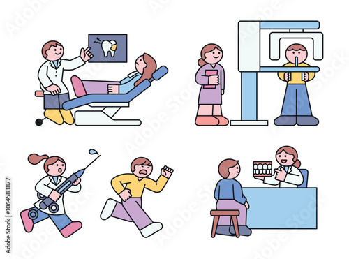 Various treatments at the dentist. Dental chair, x-rays, anesthesia injections, treatment. Cuttiny outline character illustration.