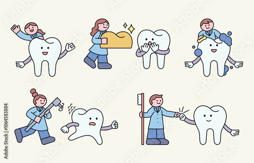 Dental treatment and teeth care. Cute dentist and teeth characters. 
 Cuttiny outline character illustration.