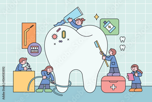 Tiny dentist characters take care of big teeth. Cuttiny outline character illustration.