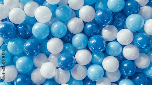 White and blue plastic balls selected for a ball pit