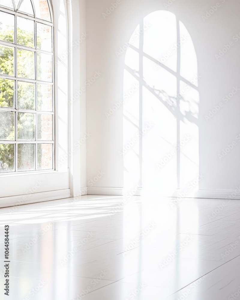 Fototapeta premium Bright sunlit interior with large window casting delicate shadows in a minimalist space