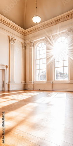 Bright sunlight streaming through large windows in an elegant room with wooden floors