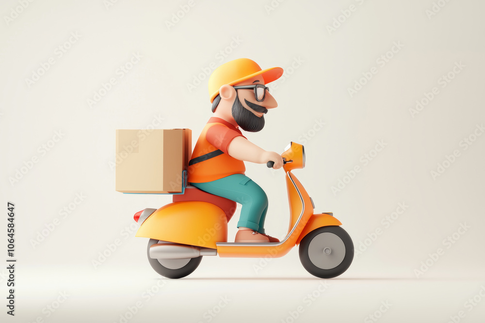 A cheerful delivery person rides a bright orange scooter carrying a package against a neutral background, showcasing urban delivery dynamics A cheerful delivery person rides a bright orange scooter carrying a package against a neutral background, showcasing urban delivery dynamics