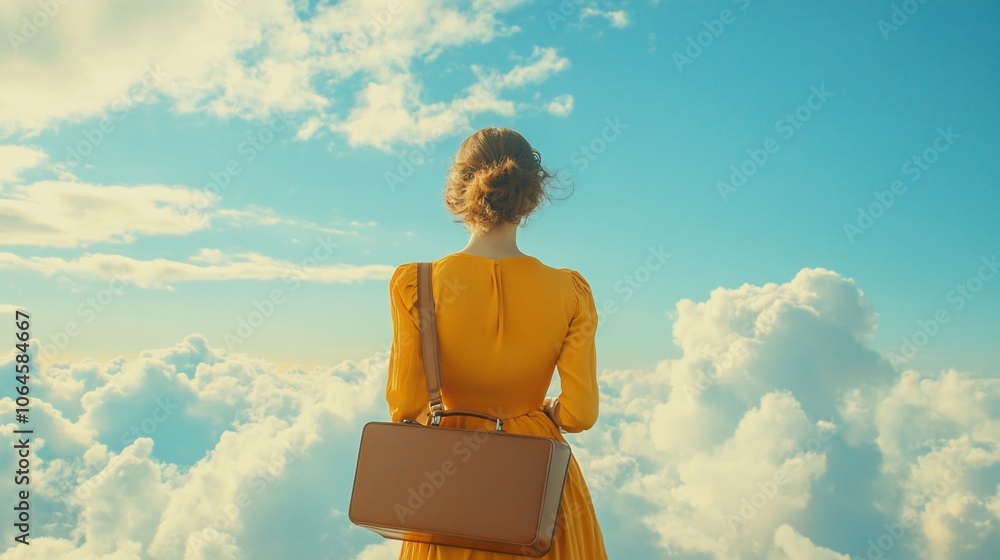 Fototapeta premium A woman in a yellow dress stands on a cloud looking at the sky.