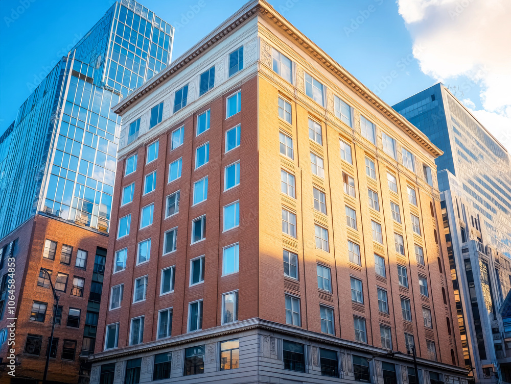 Fototapeta premium Historic brick building in a modern city skyline during golden hour in downtown