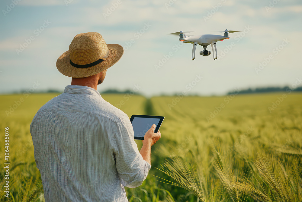 A person using a tablet to control a drone over a field of crops. A person using a tablet to control a drone over a field of crops.