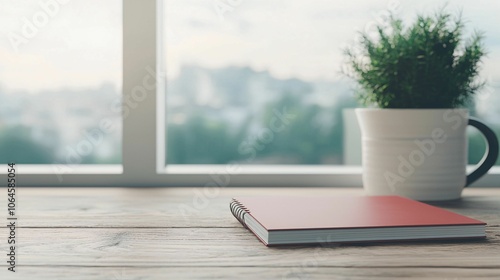 Wallpaper Mural A cozy workspace featuring a red notebook and a potted plant beside a window with a soft, natural light backdrop. Torontodigital.ca