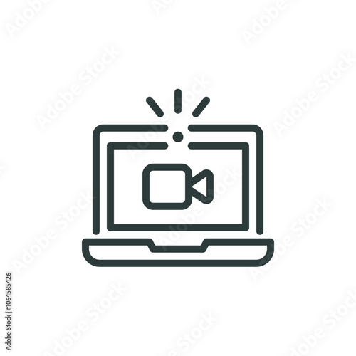 Online broadcast, web webinar, video meeting, outline icon. Line sign laptop with video streaming symbol and camera on. Vector isolated pictogram for web and app on white background editable stroke.