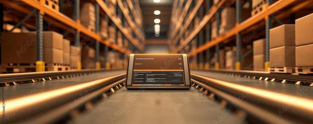 Inventory management system on a digital screen, warehouse shelves in the background, neatly arranged boxes, bright overhead lighting, spacious environment Inventory management system on a digital screen, warehouse shelves in the background, neatly arranged boxes, bright overhead lighting, spacious environment
