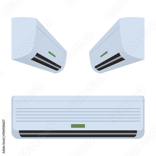 Three air conditioners in different positions, side view and front view, isolated on a white background, vector illustration, device for controlling room temperature