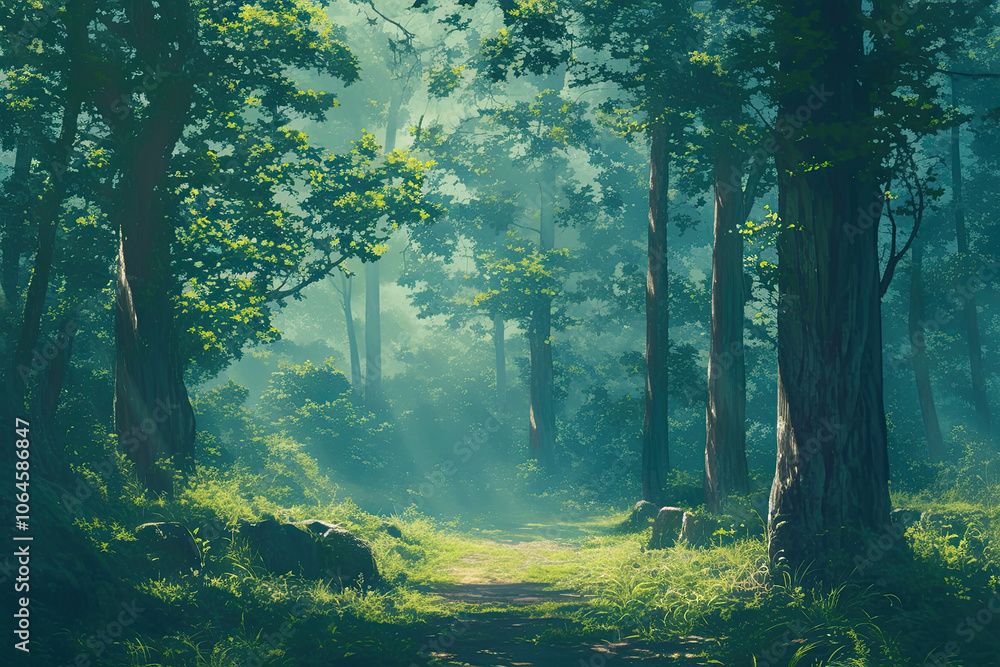 Fototapeta premium Woodland forest background banner, cartoon anime style graphic resource wide backdrop, empty space, trees wallpaper
