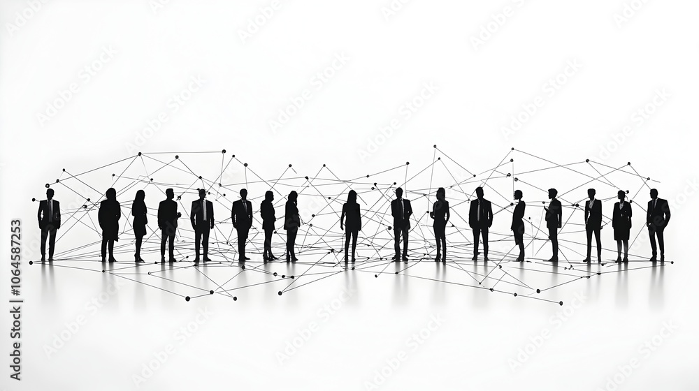 Naklejka premium Minimalist Silhouettes of Business People Networking in a Digital Landscape